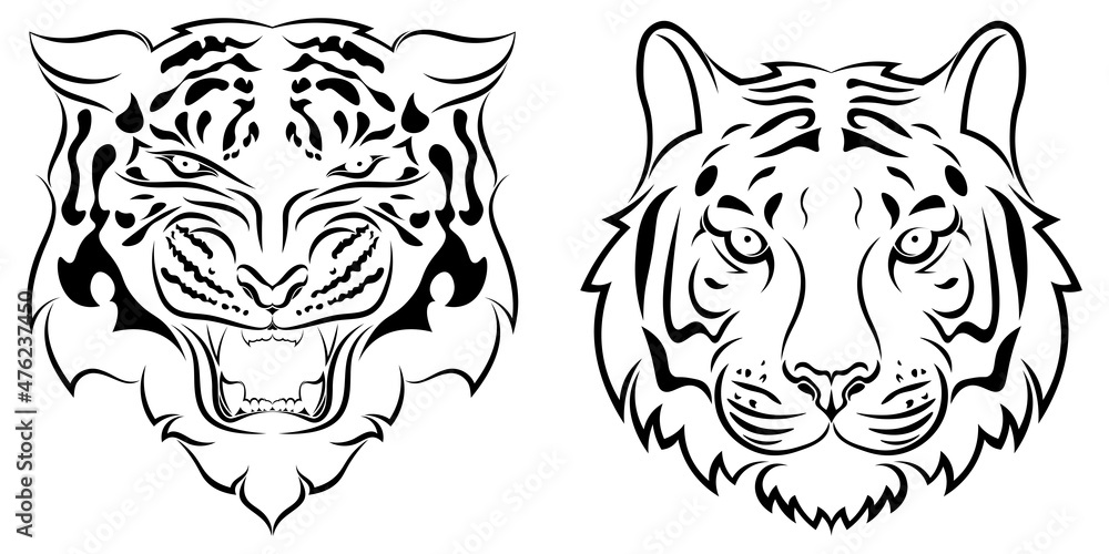 Set of two Tigers. Angry and calm face of tiger in tattoo style. 2 Tiger head logos with opposite mood. Сartoon faces of good and bad wildcat. Vector illustration. Set of two Tigers. Angry and calm face of tiger in tattoo style. 2 Tiger head logos with opposite mood. Сartoon faces of good and bad wildcat. Vector illustration.