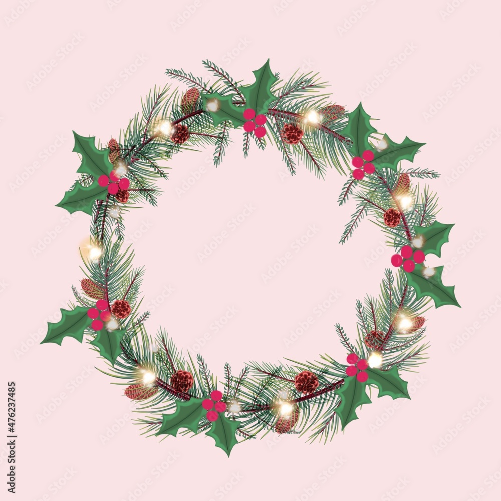 wreath of fir branches, cones, with bright red berries wreath of fir branches, cones, with bright red berries