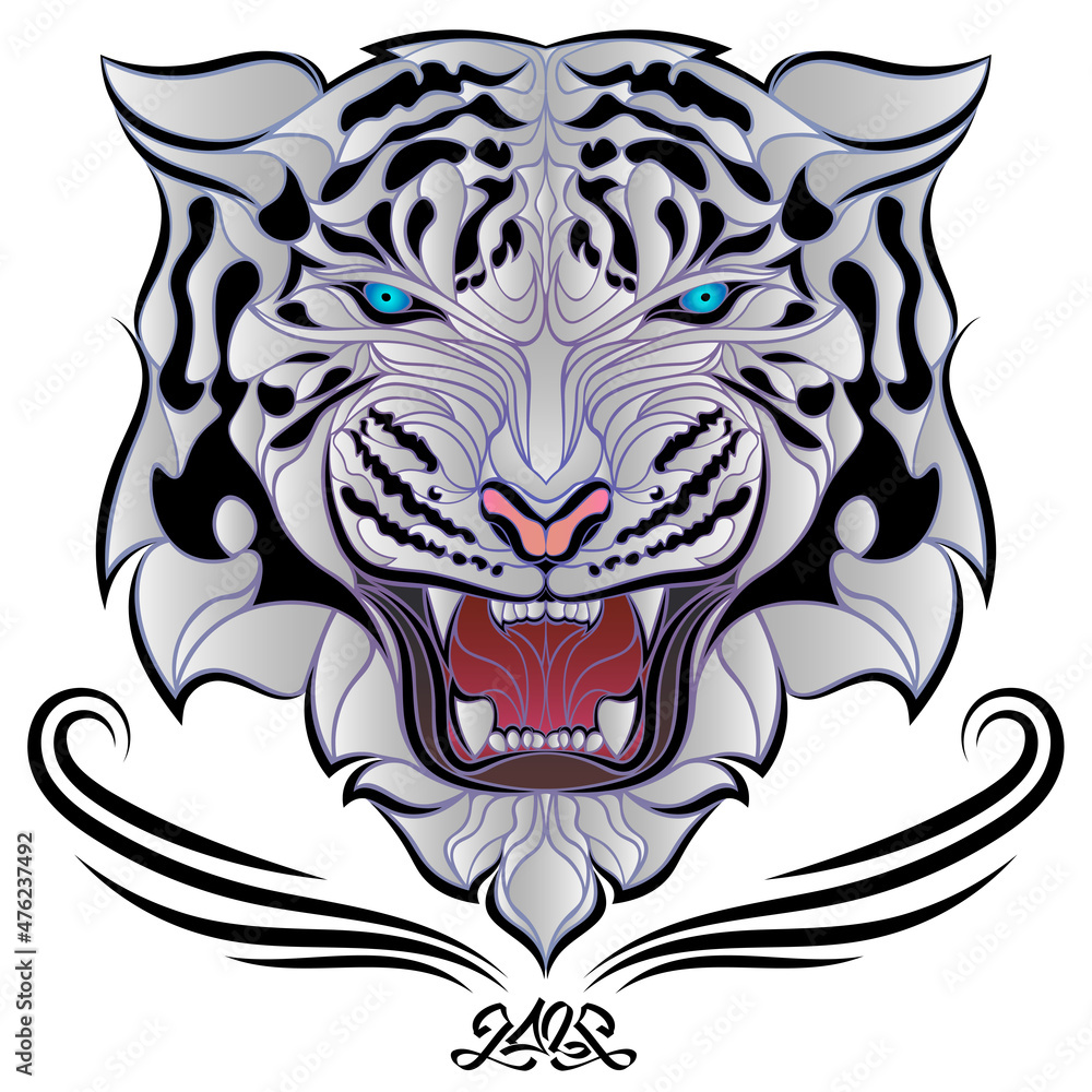 Angry tiger head with blue eyes. White Bengal tiger logo, symbol of 2022. Stylized aggressive snowy tiger face glowing from within. Сartoon vector illustration.