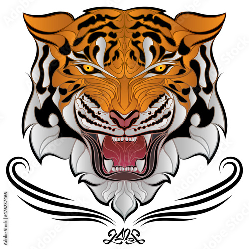 Fototapeta Naklejka Na Ścianę i Meble -  Angry tiger head with yellow eyes and frightening grin. Tiger logo, symbol of 2022. Stylized aggressive tiger face isolated on background. Сartoon vector illustration.