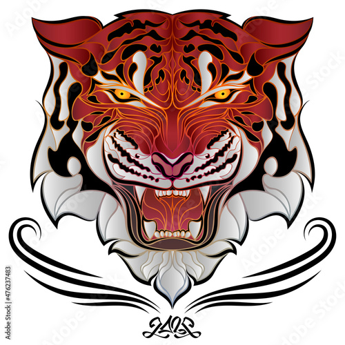 Angry tiger head. Red aggressive tiger logo, symbol of 2022. Stylized fiery tiger face glowing from within. Сartoon vector illustration.