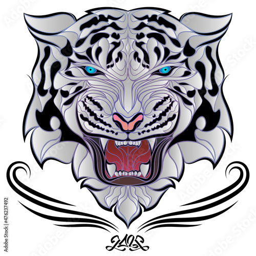 Angry tiger head with blue eyes. White Bengal tiger logo, symbol of 2022. Stylized aggressive snowy tiger face glowing from within. Сartoon vector illustration.