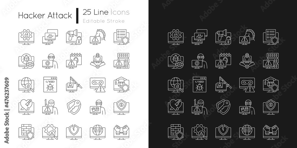 Hacker attack linear icons set for dark and light mode. Computer system disruption. Customizable thin line symbols. Isolated vector outline illustrations. Editable stroke. Quicksand-Light font used