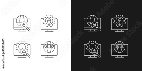 Illegal activities detection linear icons set for dark and light mode. Jailbreak and darknet. Malicious software. Customizable thin line symbols. Isolated vector outline illustrations. Editable stroke