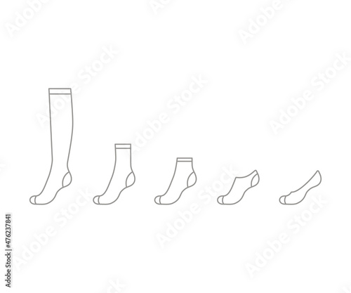 Set sock for woman from long to short, outline template. Sport and regular sock. Technical mockup clothes side view. Vector contour illustration