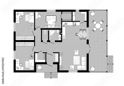 Interior design floor plan top view. Architectural plan of a house from above. Black and white vector layout. Apartment with the furniture in the drawing view. Graphic design elements