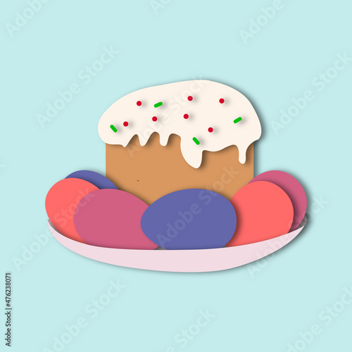 Cake on a saucer with colored eggs in paper style