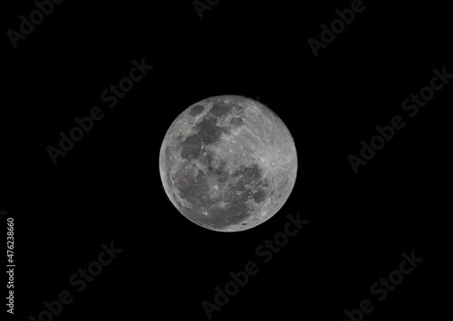 Close up photography of the moon with a telephoto lens, very sharp and detailed where you can see crates in a full moon phase.