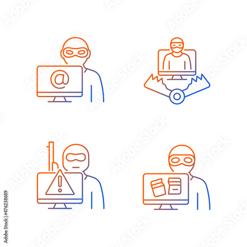 Cyber attacker gradient linear vector icons set. Cyberterrorism. Cybercriminal trap. Computer disruption. Fraud and coercion.Thin line contour symbols bundle. Isolated outline illustrations collection