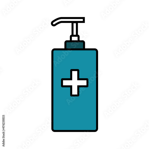 Antiseptic icon. Packaging of an antiseptic preparation for disinfection with a push dispenser. Vector illustration isolated on a white background for design and web.