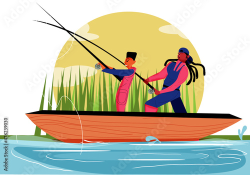 Gay family fishing on a boat while on the lake