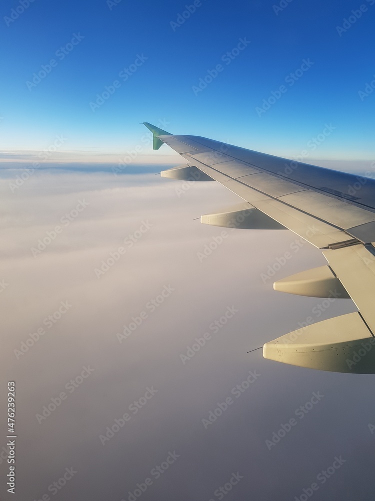 The plane is flying in the blue sky The plane is flying in the blue sky