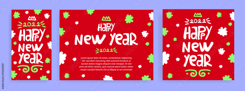 Naklejka premium Creative concept of 2022 Happy New Year posters set. Design templates with calligraphy typography logo 2022 for celebration and season decoration. 