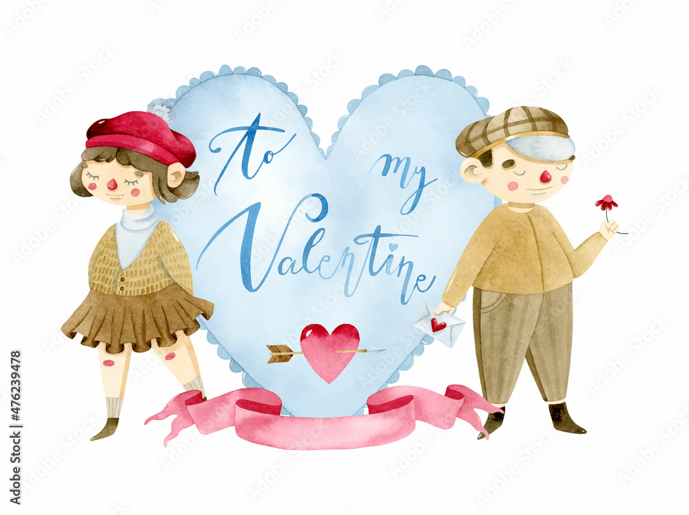 Obraz premium My Valentine romantic greeting card for Valentine's day with girl and boy in love