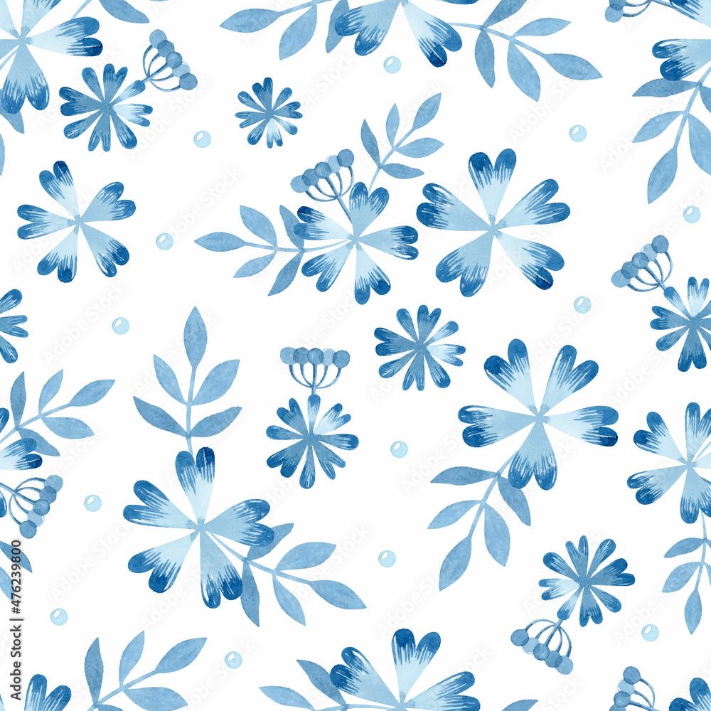 Fototapeta Blue flowers and leaves seamless pattern 
