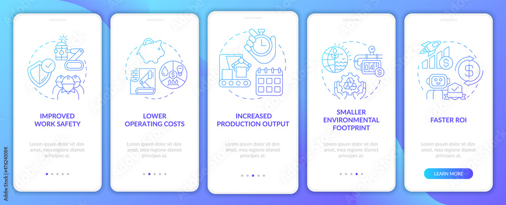 Benefits of automation blue gradient onboarding mobile app screen. Walkthrough 5 steps graphic instructions pages with linear concepts. UI, UX, GUI template. Myriad Pro-Bold, Regular fonts used