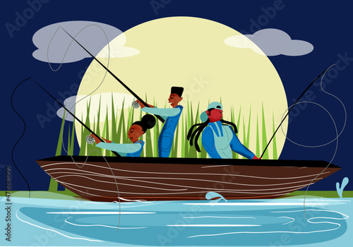 Gay family fishing on a boat while on the lake