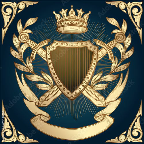 Crown, shield and swords golden decorative vintage emblem