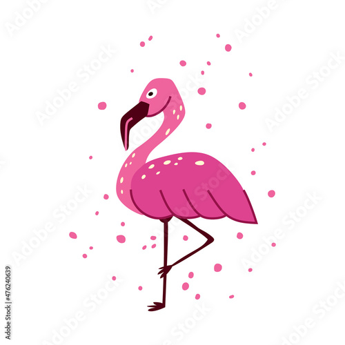 Pink flamingo with abstract spots. Cute hand drawn illustration on white background. Flat vector clipart with isolated elements. Childish simple image