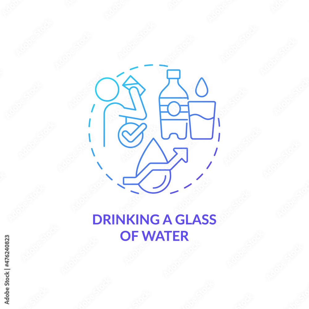Drinking glass of water blue gradient concept icon. Healthy morning routine abstract idea thin line illustration. Isolated outline drawing. Roboto-Medium, Myriad Pro-Bold fonts used