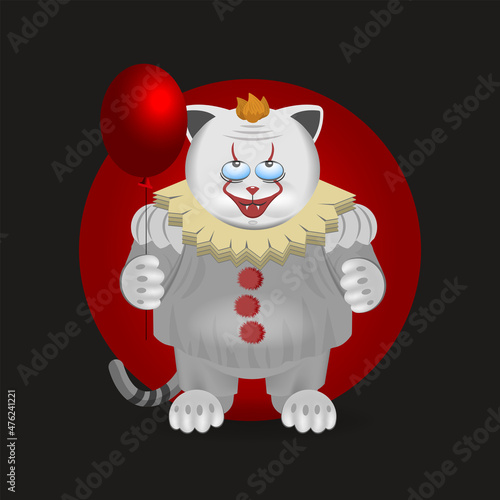 Funny cosplay with a red balloon. A fat white cartoon cat dressed in the style of a scary clown and with a painted round muzzle