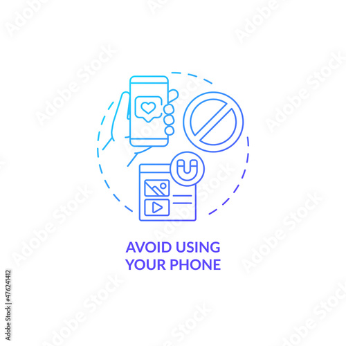 Avoid using your phone blue gradient concept icon. Limit gadgets for better wellness abstract idea thin line illustration. Isolated outline drawing. Roboto-Medium, Myriad Pro-Bold fonts used