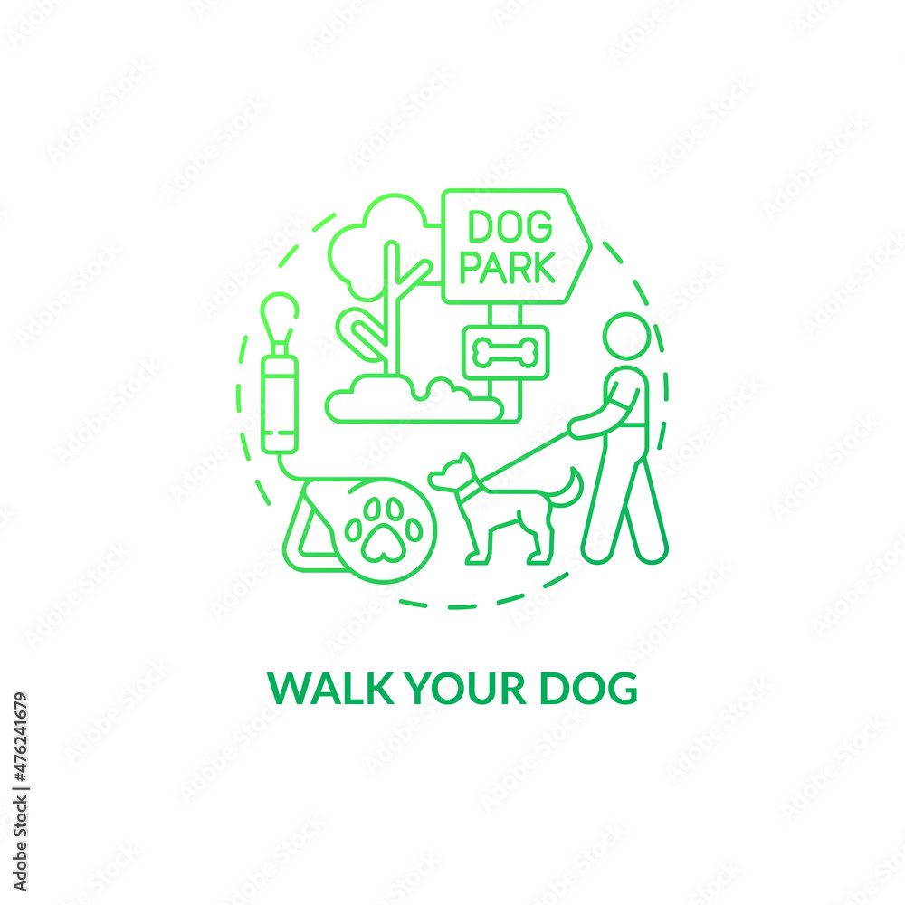 Walk your dog green gradient concept icon. Taking care of pets. Morning activity abstract idea thin line illustration. Isolated outline drawing. Roboto-Medium, Myriad Pro-Bold fonts used