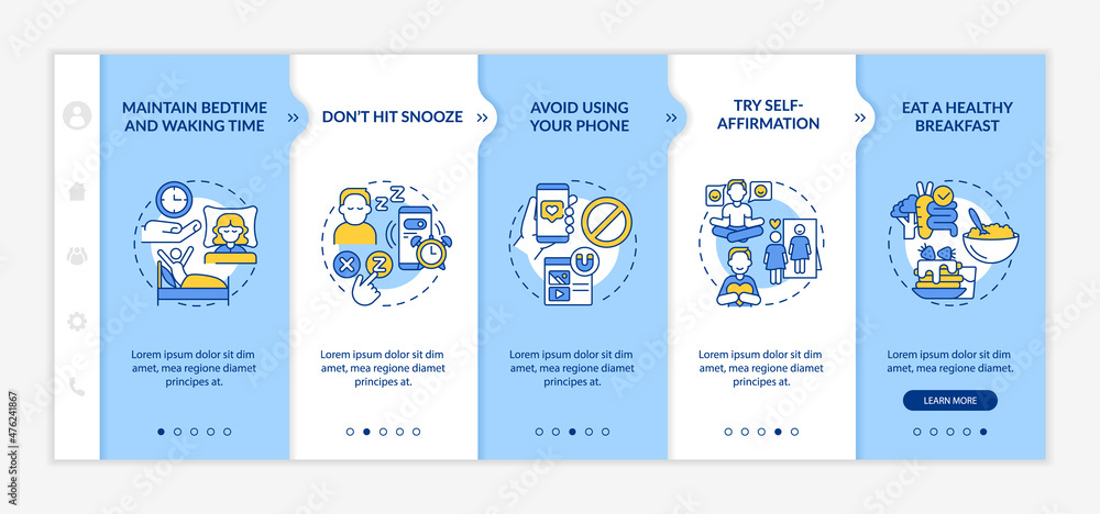 Tips for building morning routine blue and white onboarding template. Day start. Responsive mobile website with linear concept icons. Web page walkthrough 5 step screens. Lato-Bold, Regular fonts used