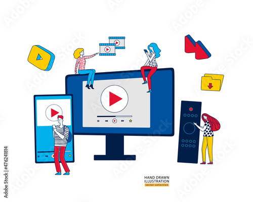 Hand drawn tiny vector people sitting on huge tv. Smartphone, controller. Concept of smart tv, web, subscription, service, key visual, film watching, infographic. Color vector creative illustration