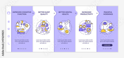 Waking up early benefits purple and white onboarding template. Healthy life. Responsive mobile website with linear concept icons. Web page walkthrough 5 step screens. Lato-Bold, Regular fonts used