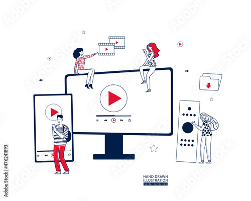 Hand drawn tiny vector people sitting on huge tv. Smartphone, controller. Concept of smart tv, web, subscription, service, key visual, film watching, infographic. Line art contour vector illustration