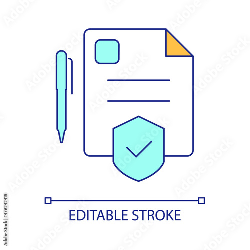 Insurance service contract RGB color icon. Paperwork for professional assurance and guarantee of protection. Isolated vector illustration. Simple filled line drawing. Editable stroke. Arial font used