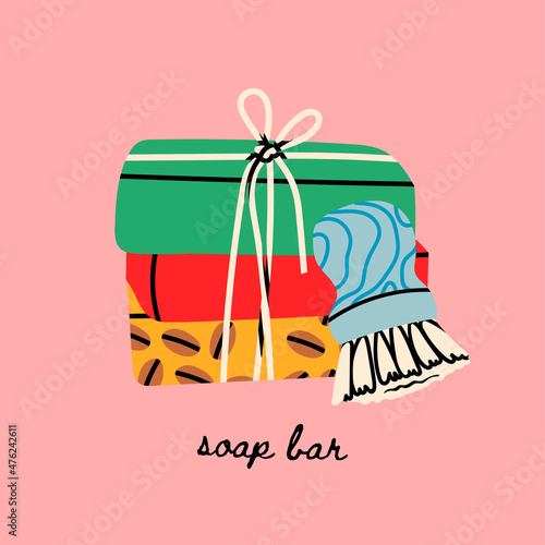 Handmade natural organic Soap. Stack of soap bars and brush. Spa natural treatments, diy cosmetics, bathing, eco, relax concept. Hand drawn Vector illustration. Logo, icon, print template