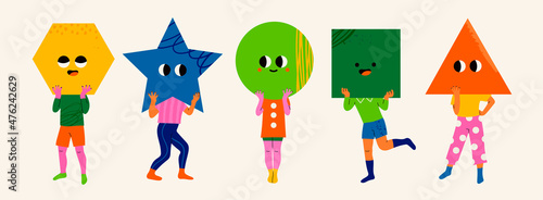 Playful people holding geometric shapes with faces instead of heads. Big colorful heads with various Emotions. Different mood concept. Hand drawn Vector illustration. Every person is isolated