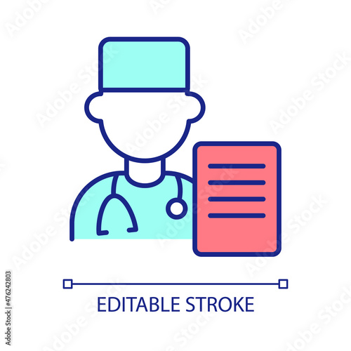 Doctor examination RGB color icon. Clinical report for patient from physician. Healthcare form. Isolated vector illustration. Simple filled line drawing. Editable stroke. Arial font used