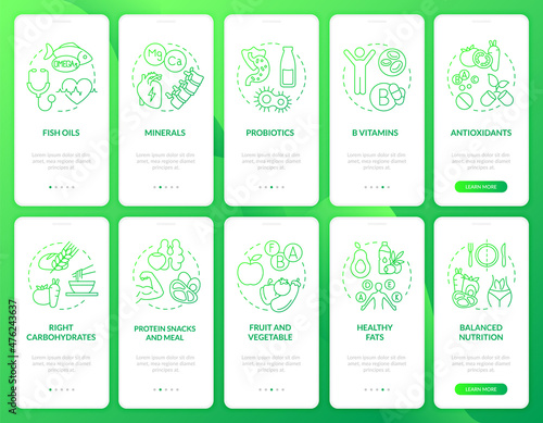 Fitness nutrition green gradient onboarding mobile app screen set. Life walkthrough 5 steps graphic instructions pages with linear concepts. UI, UX, GUI template. Myriad Pro-Bold, Regular fonts used