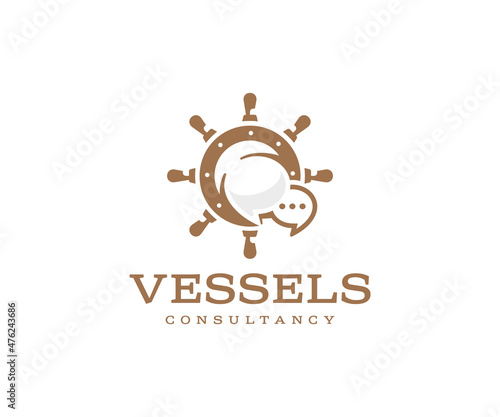 Consultancy and management services to vessels logo design. Steering hand wheel ship consulting vector design. Ship, yacht retro wheel, marine and sea, nautical rudder logotype