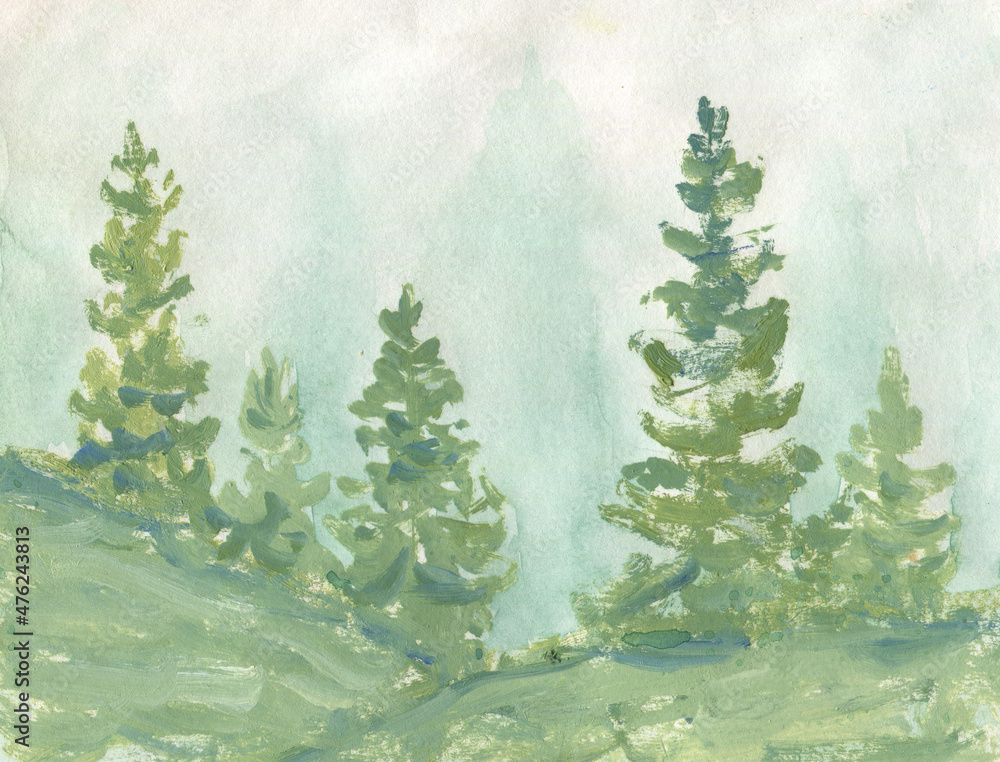 Forest landscape with cute green spruce. Oil painting, watercolor background .Can be used for cards, wallpaper, poster, creative design.