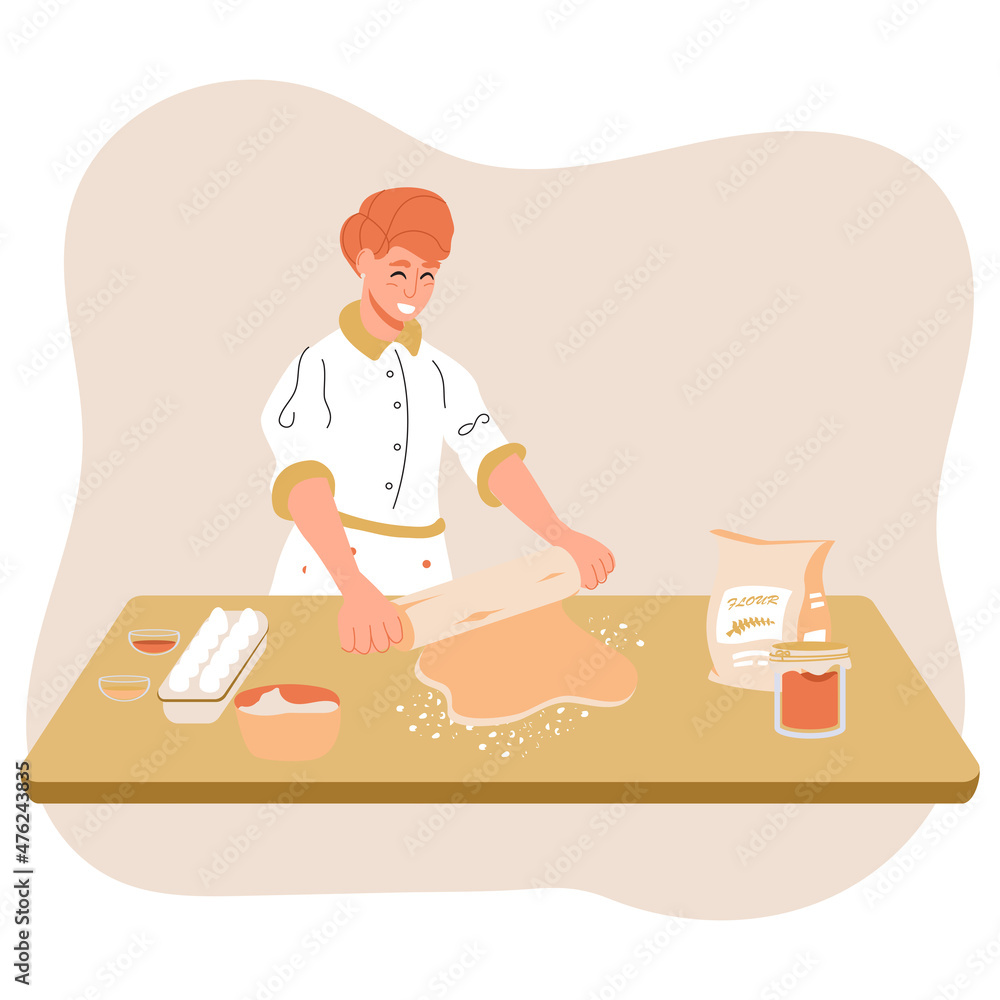 Woman rolling dough in kitchen. Happy housewife rolling pin on cookie dough. Person kneads dough. Adult woman baking cookies, pizza, pie or other sweets. Cartoon vector illustration. Woman rolling dough in kitchen. Happy housewife rolling pin on cookie dough. Person kneads dough. Adult woman baking cookies, pizza, pie or other sweets. Cartoon vector illustration.