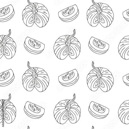 Seamless pattern with hand drawn monochrome black and white pumpkins. White background. Autumn digital paper.