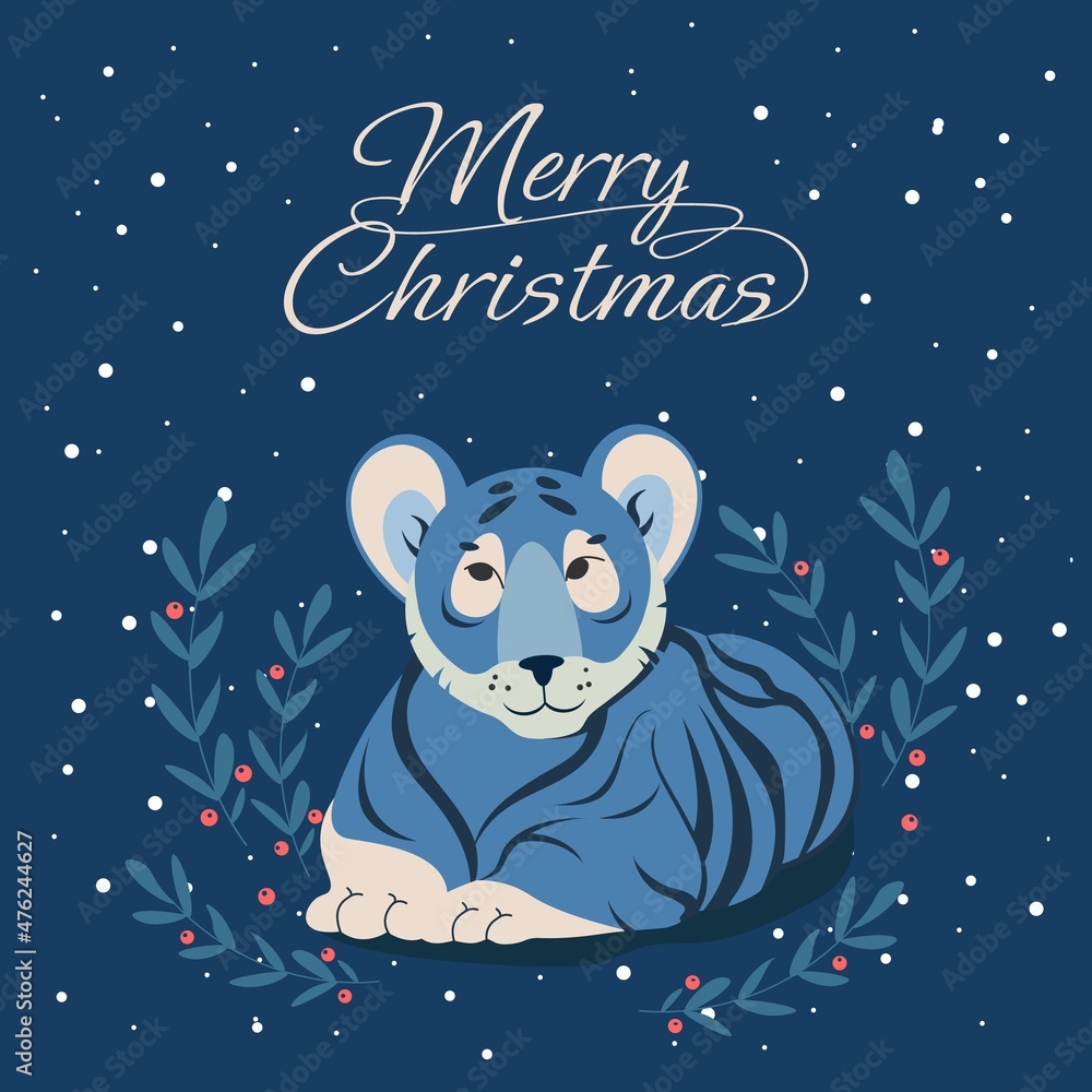 Fototapeta premium Merry Christmas and happy new year 2022. The year of tiger. Holidays cartoon character. Vector greeting card