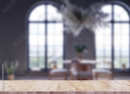 Fototapeta wood table top with blur classic dark interior large arch windows