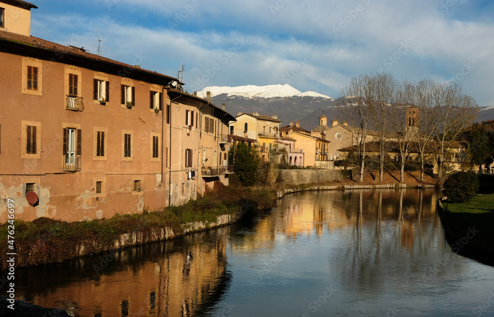 The historic town of Rieti in Italy crossed by the river Velino