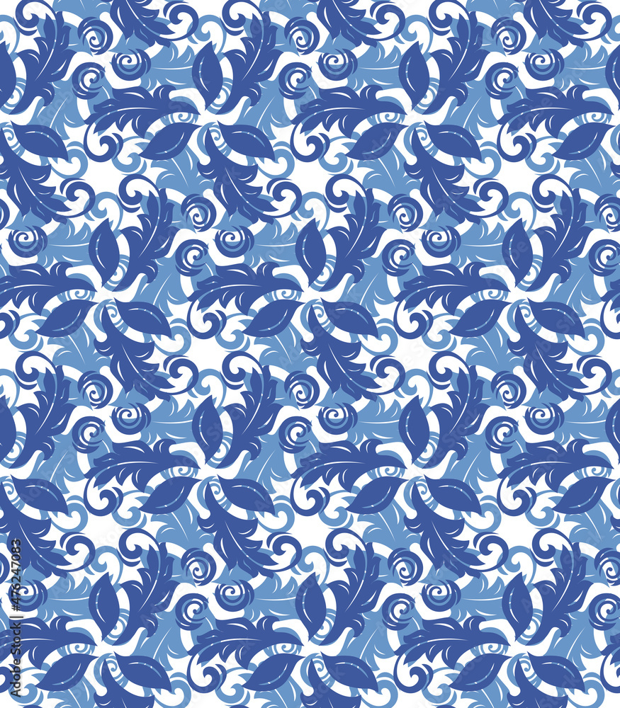 Floral blue and white vector ornament. Seamless abstract classic background with flowers. Pattern with repeating floral elements. Ornament for fabric, wallpaper and packaging