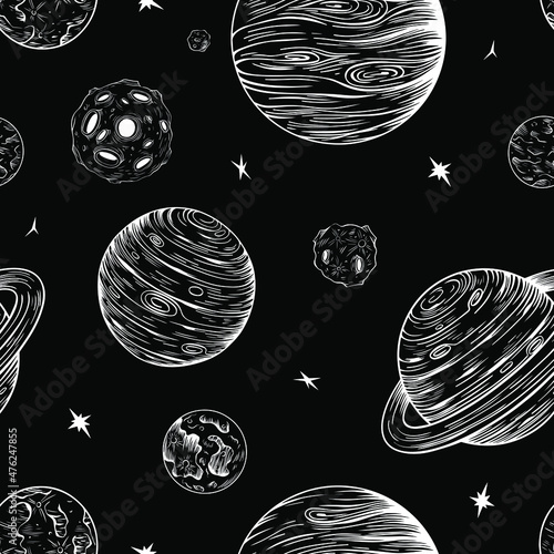Hand drawn planets pattern. Repeated texture with childish planets and stars. Cosmic background illustration.