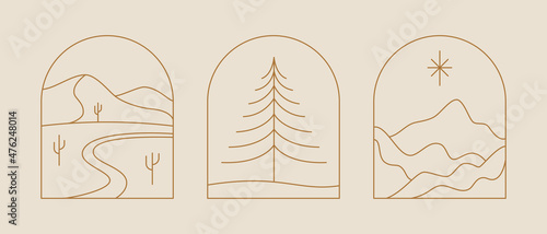 Vector set of linear boho icons and symbols - sun logo design templates - abstract design elements for decoration in modern minimalist style