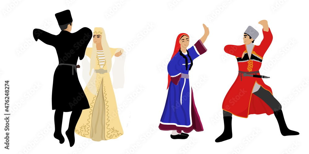 Caucasian man and woman in traditional costumes perform the Lezginka folk dance. Set. Traditional Caucasian wedding dance. Vector flat illustration
