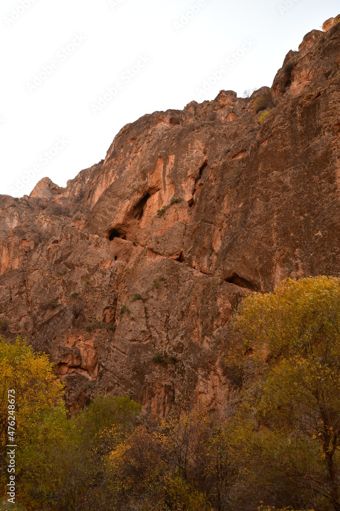 View of a vertical rock with caves. View of the mountain and trees with yellow, autumn leaves.