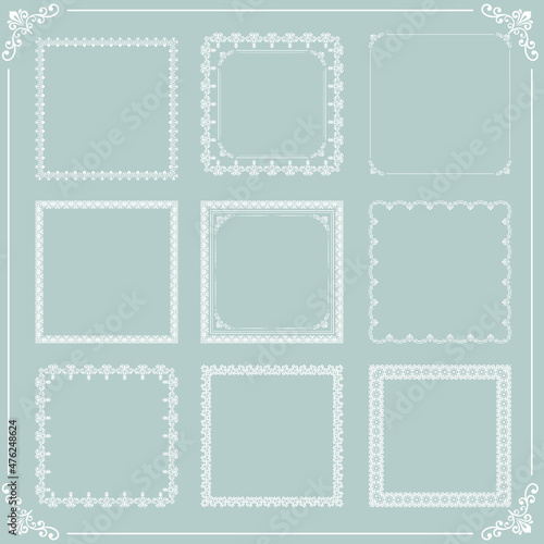 Vintage set of vector elements. White square elements for decoration and design frames, cards, menus, backgrounds and monograms. Classic patterns. Set of vintage patterns