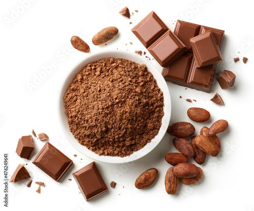 Bowl of cocoa powder, chocolate pieces and cocoa beans isolated on white background